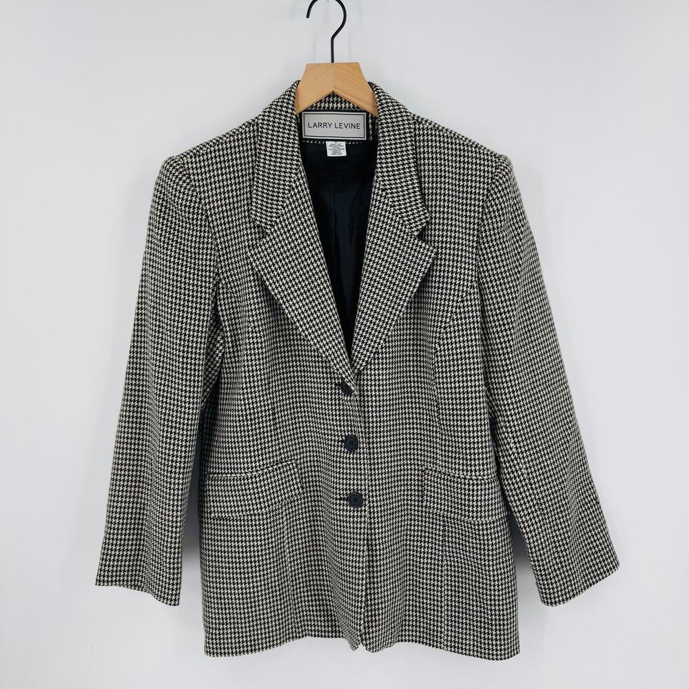 Vintage Larry Levine Houndstooth Wool Blazer Black White Check Jacket Size 12‎